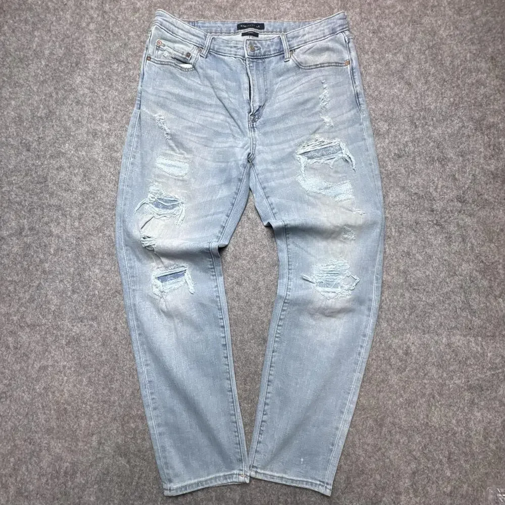 Aeropostale Jeans Mens 36x30 Blue Light Wash Skinny Distressed Denim Pants